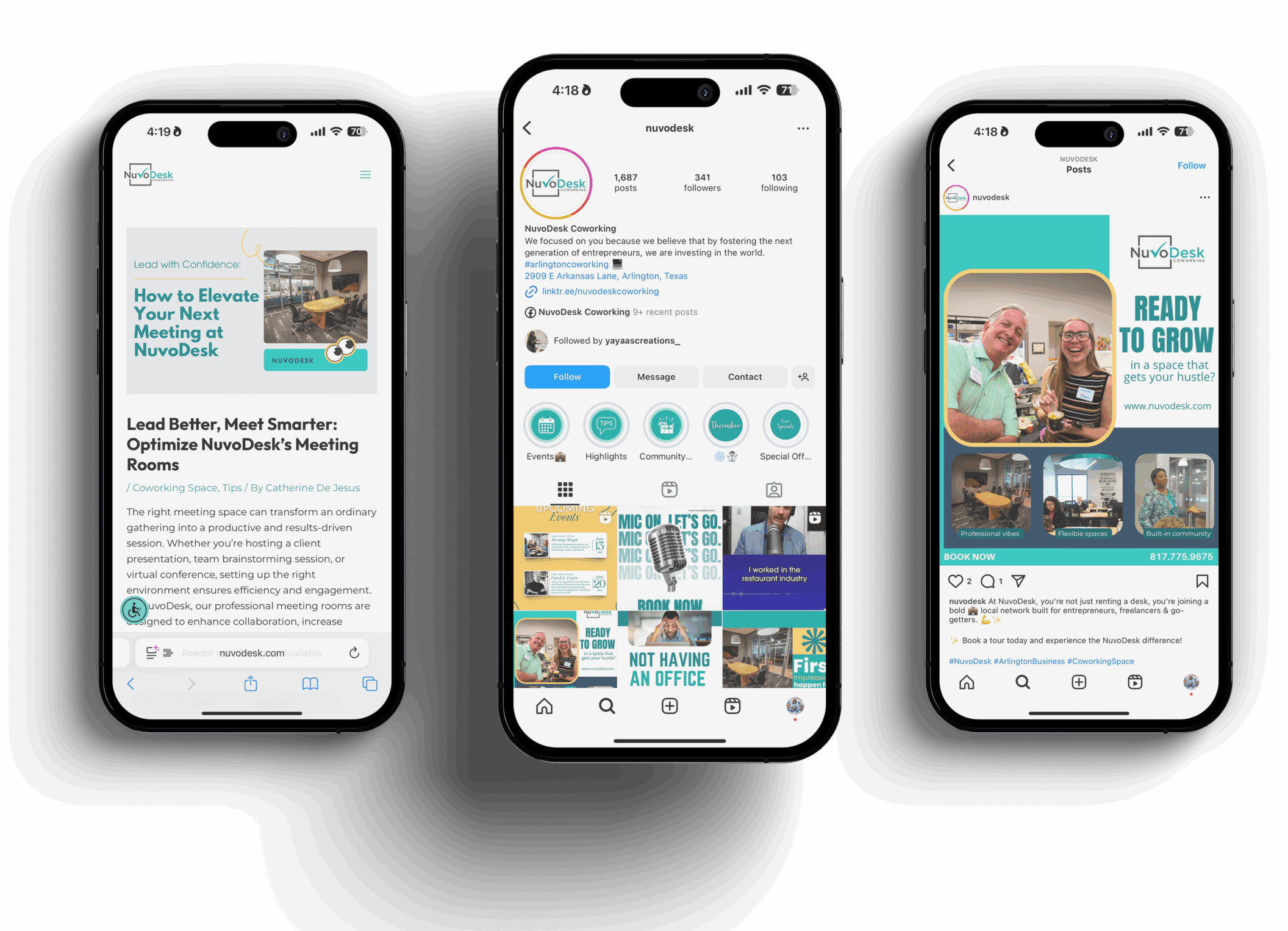 Three smartphones showing NuvoDesk’s blog article, Instagram profile page, and a promotional post on Instagram.