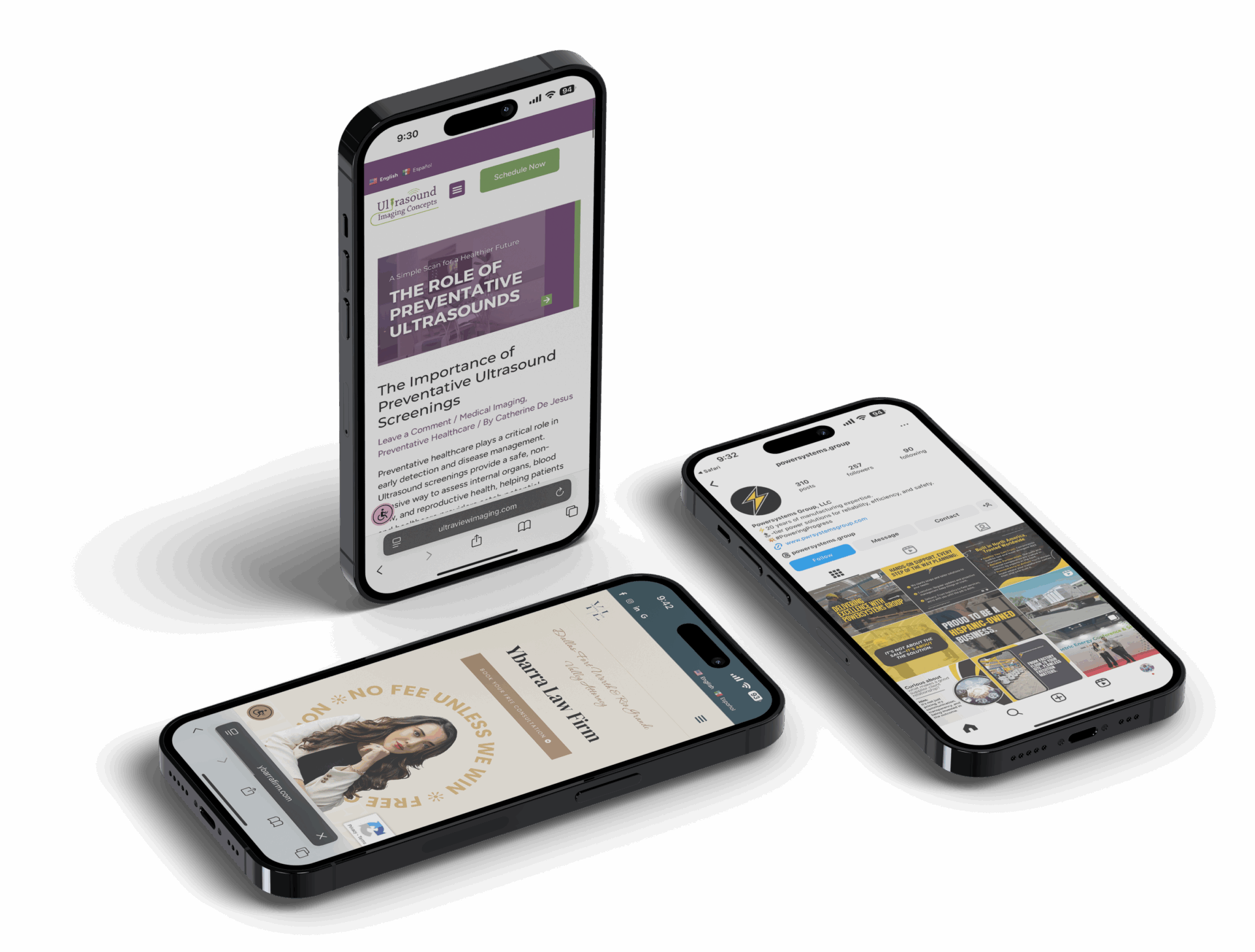 3 device mockup display of ultrasound imaging concepts' blog, powersystems group's social media, and ybarra law firm's homepage