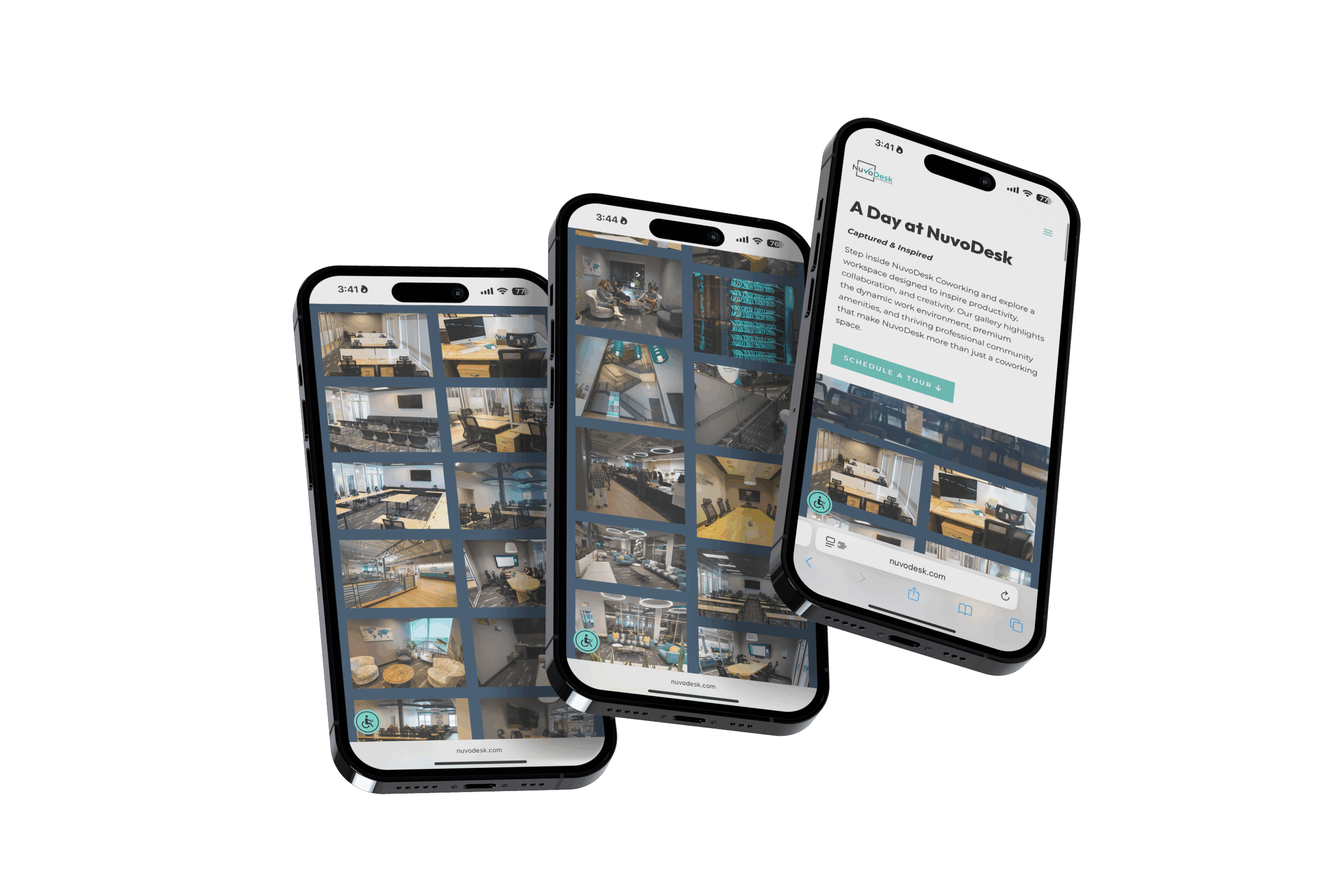 Three smartphones displaying a gallery of NuvoDesk coworking spaces and a webpage titled "A Day at NuvoDesk."