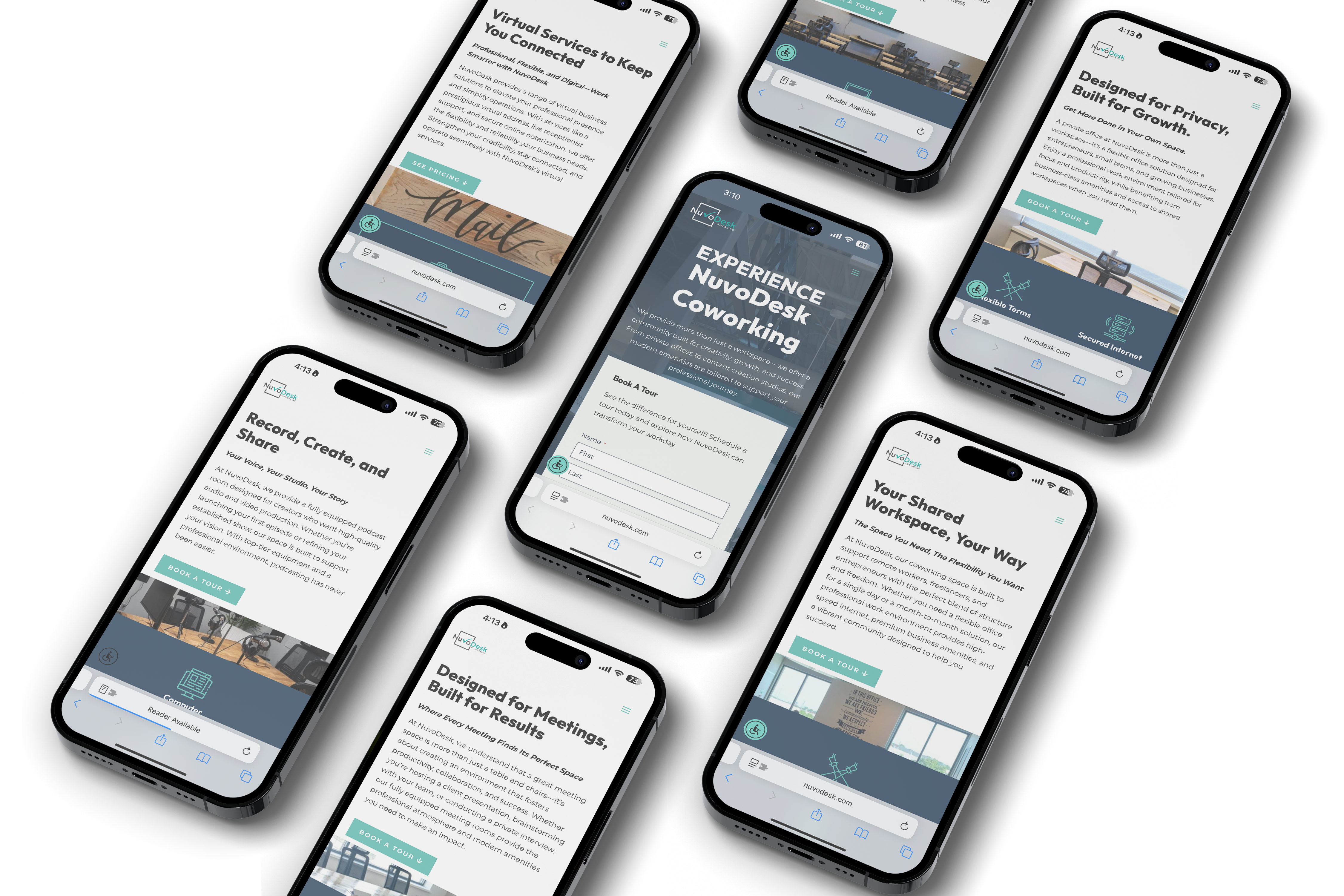 Multiple smartphones displaying different pages of the NuvoDesk coworking website, highlighting workspace features, booking options, and service information.