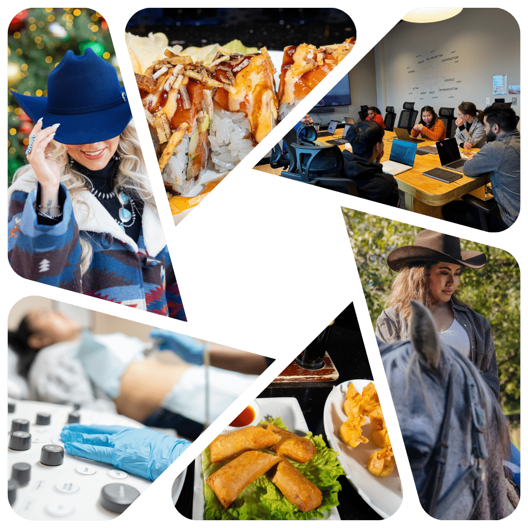 Collage showing a stylish woman in a cowboy hat, sushi platter, team meeting in coworking space, ultrasound scan, appetizer dishes, and horseback riding woman