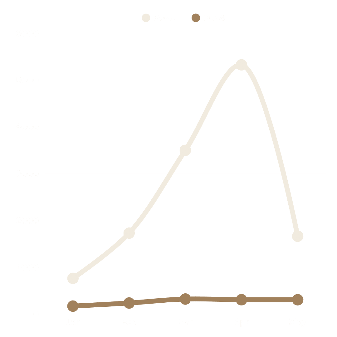 Line chart showing increase in Google Analytics sessions for Ybarra Law Firm from January to May 2025 compared to 2024