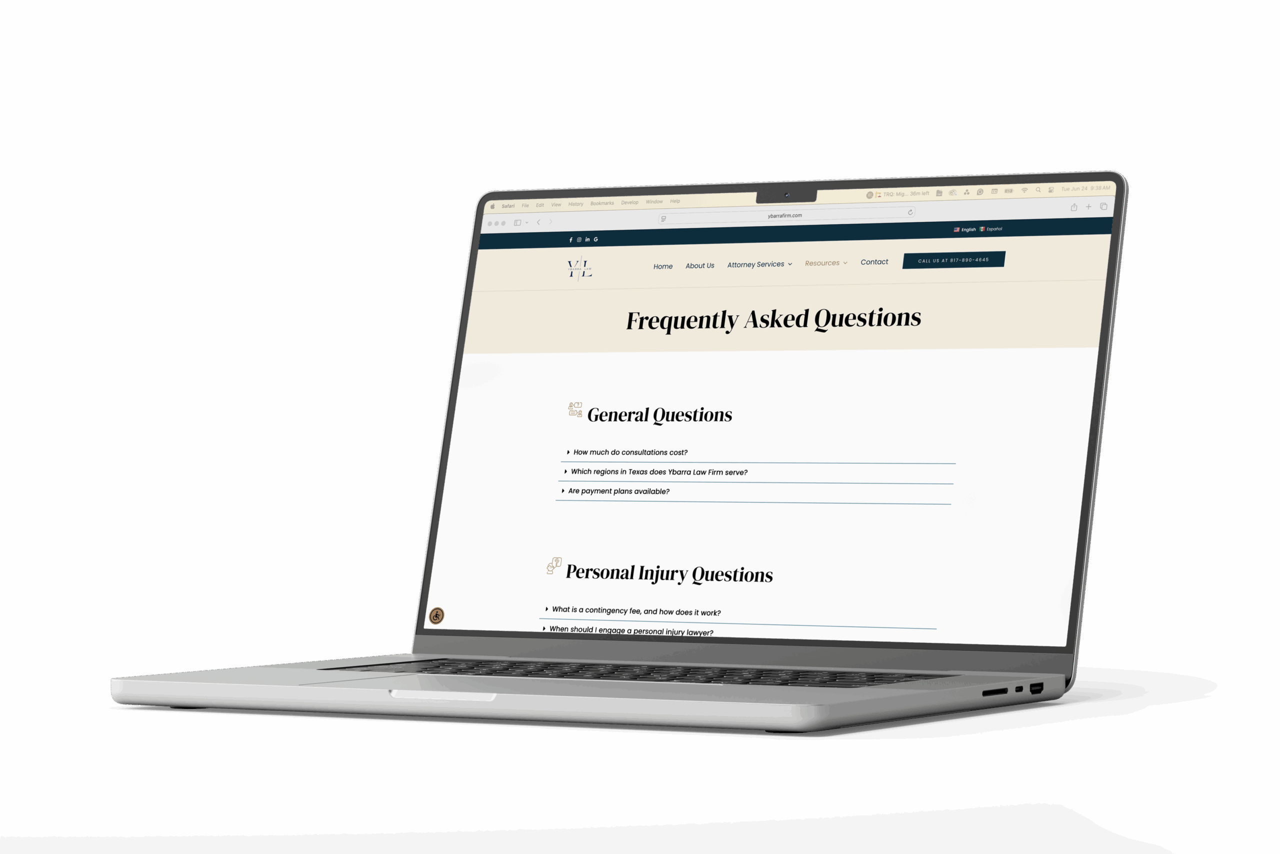 Laptop showing Ybarra Law Firm’s frequently asked questions page with general and personal injury topics