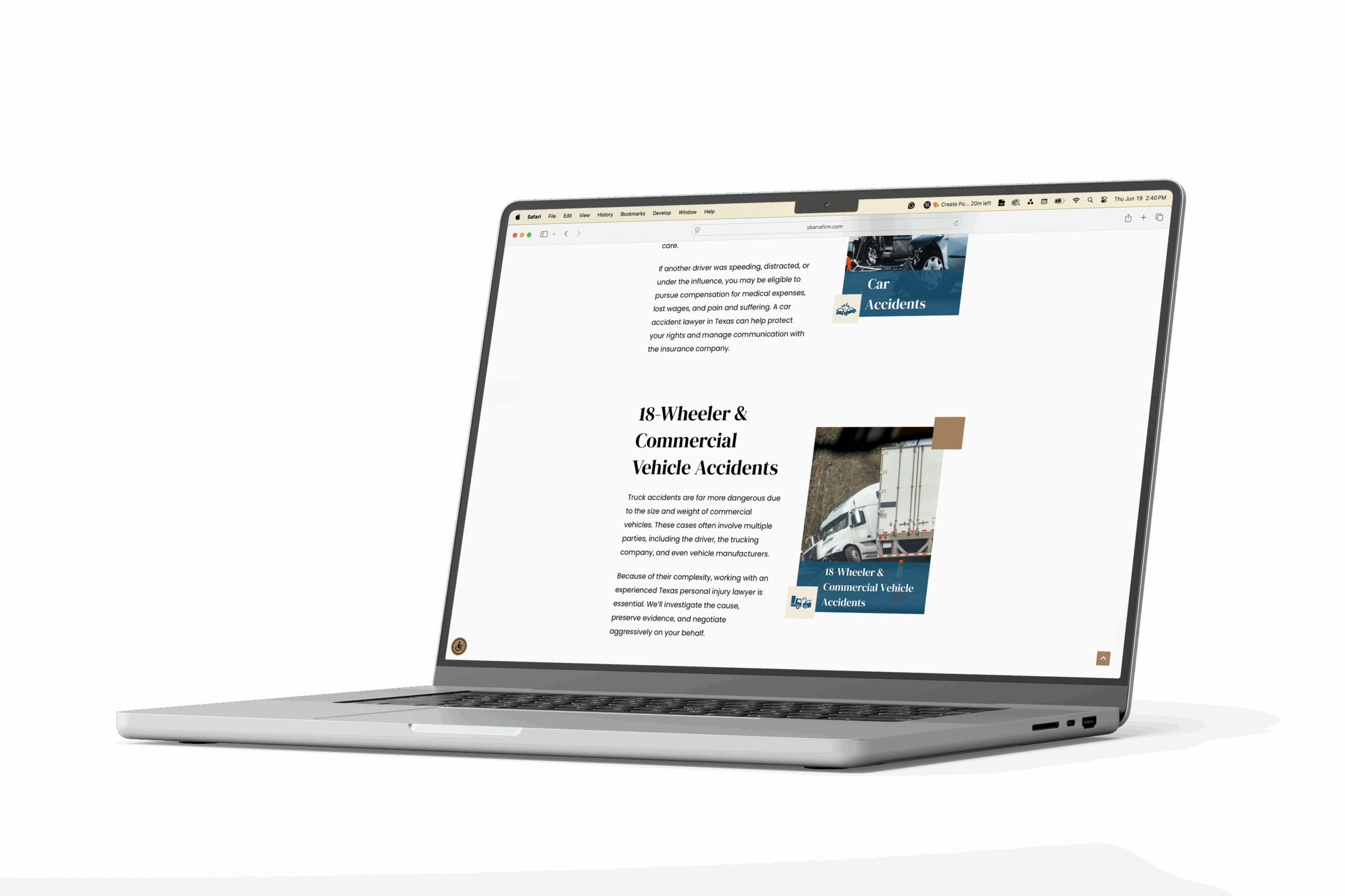 Laptop screen displaying a law firm’s website page on 18 wheeler and commercial vehicle accidents, highlighting legal services for truck accident victims.