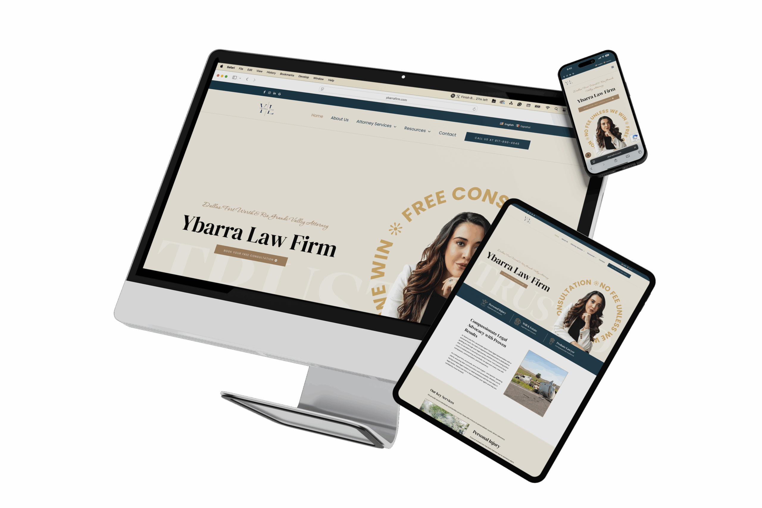 Responsive design of Ybarra Law Firm’s website displayed on desktop, tablet, and mobile devices