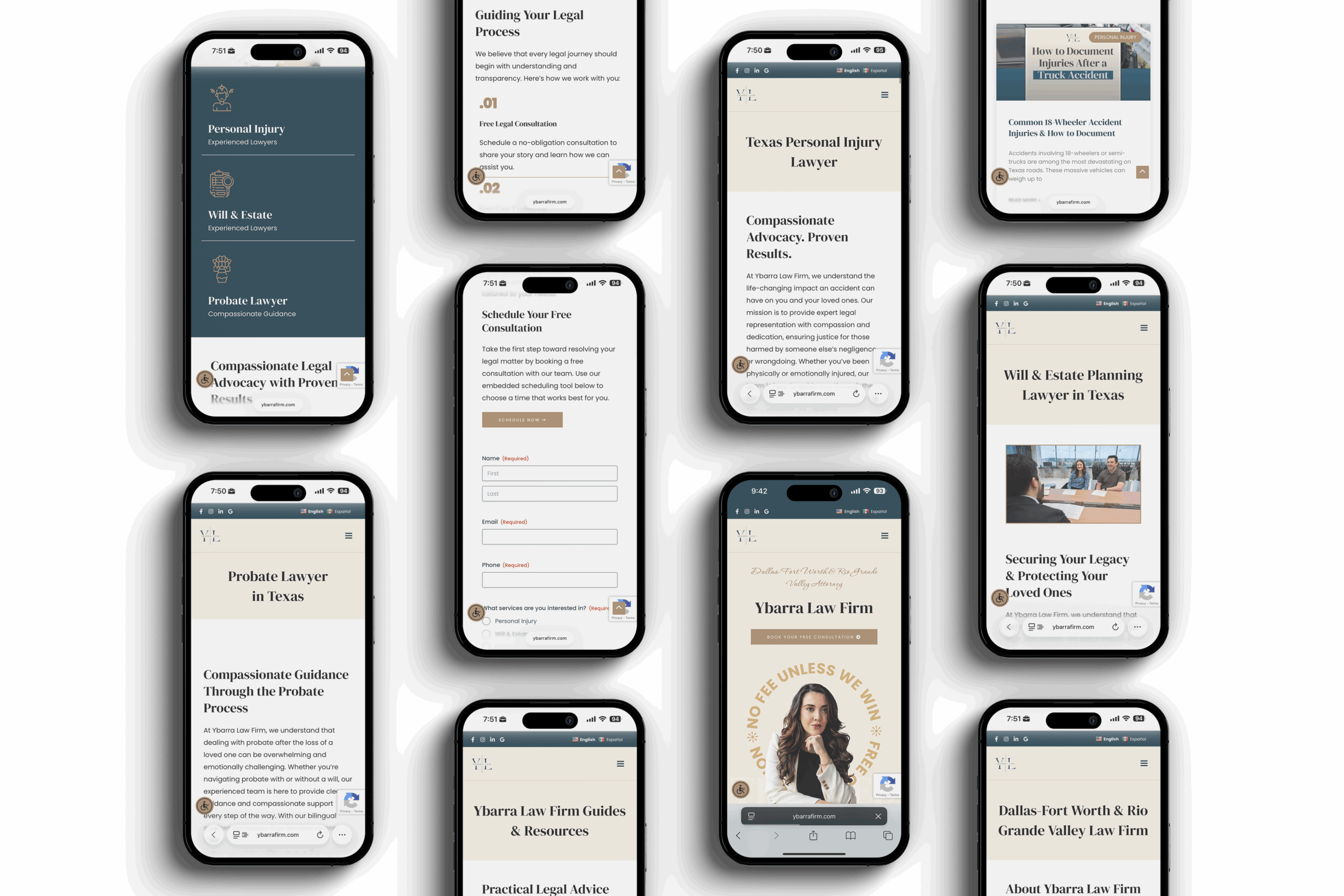 Collage of mobile screens showing Ybarra Law Firm's website pages including personal injury, probate, and estate planning services