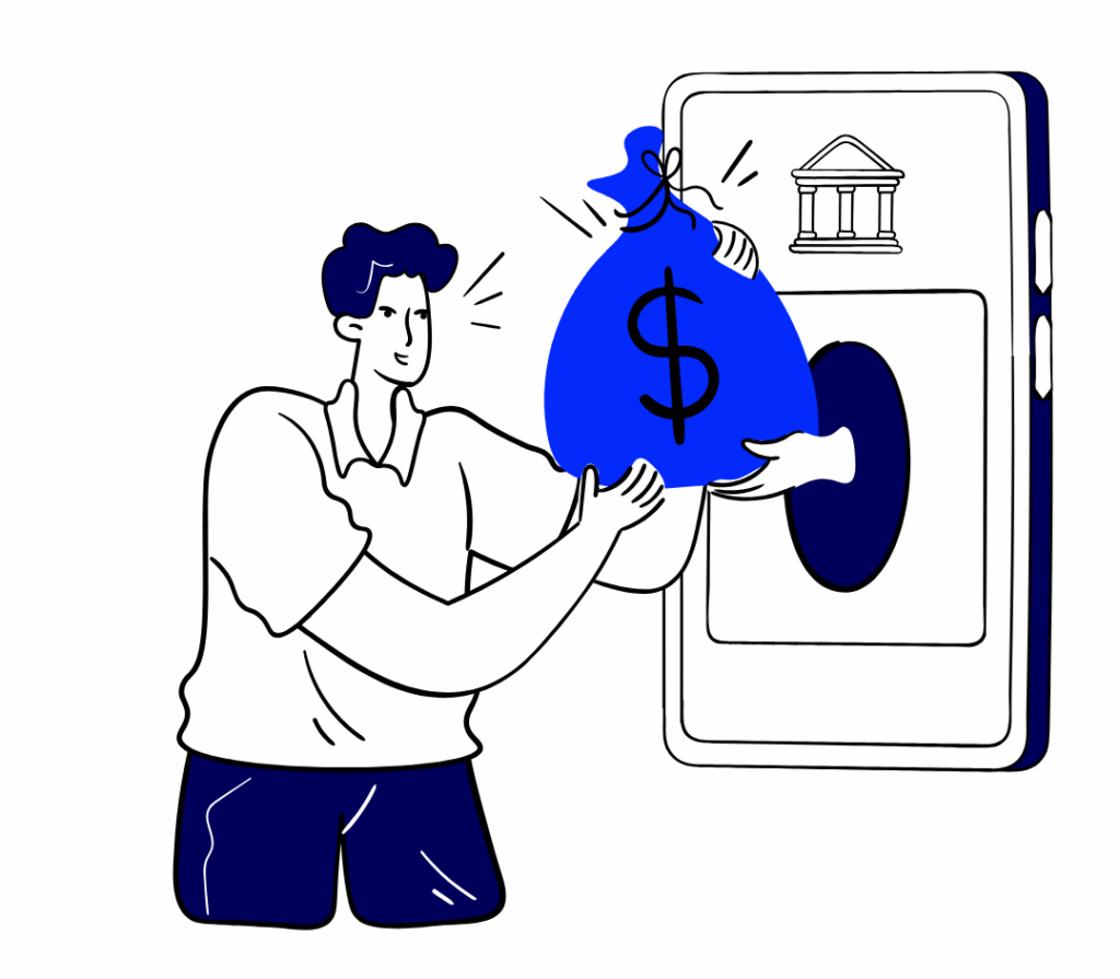 241 » Advent Trinity Marketing Agency Illustration of a person placing a large blue money bag with a dollar sign into a smartphone screen, symbolizing digital banking or mobile money transfer.