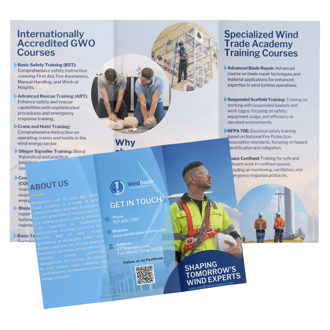 Tri-fold brochure for Wind Trade Academy detailing GWO-certified safety courses and wind energy training with contact information and visuals of industry professionals.