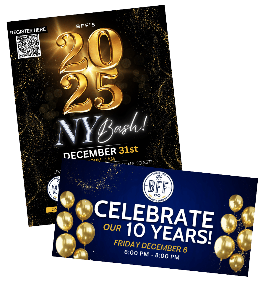 BFF event flyers using traditional advertising designs for promotion
