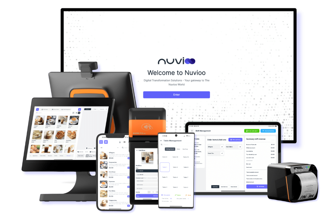 Various devices including desktop, tablets, and smartphones showcasing Nuvioo’s digital transformation software for restaurant and retail management.