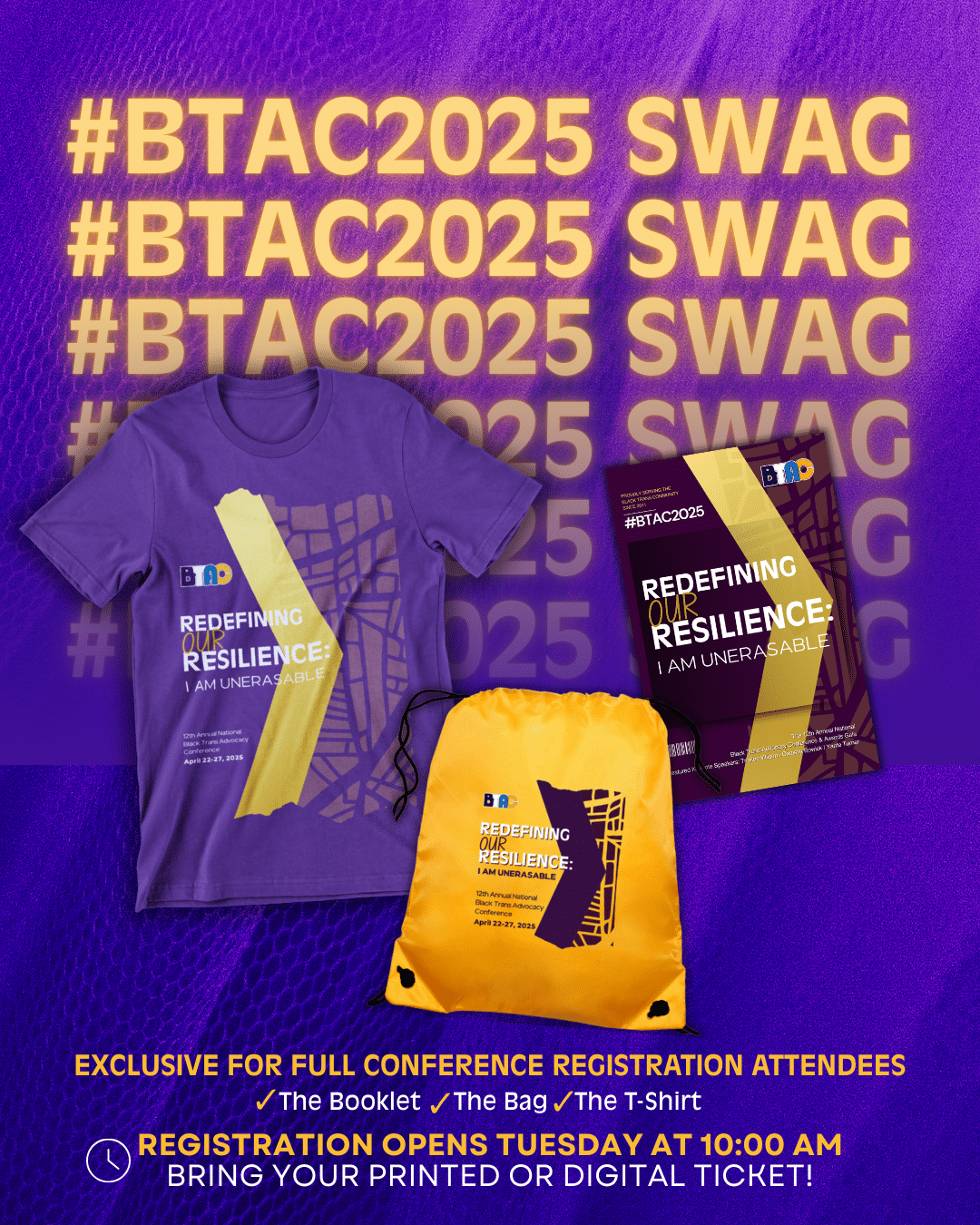 BTAC 2025 swag display with a purple t-shirt, yellow bag, and resilience-themed booklet for full conference registration attendees.