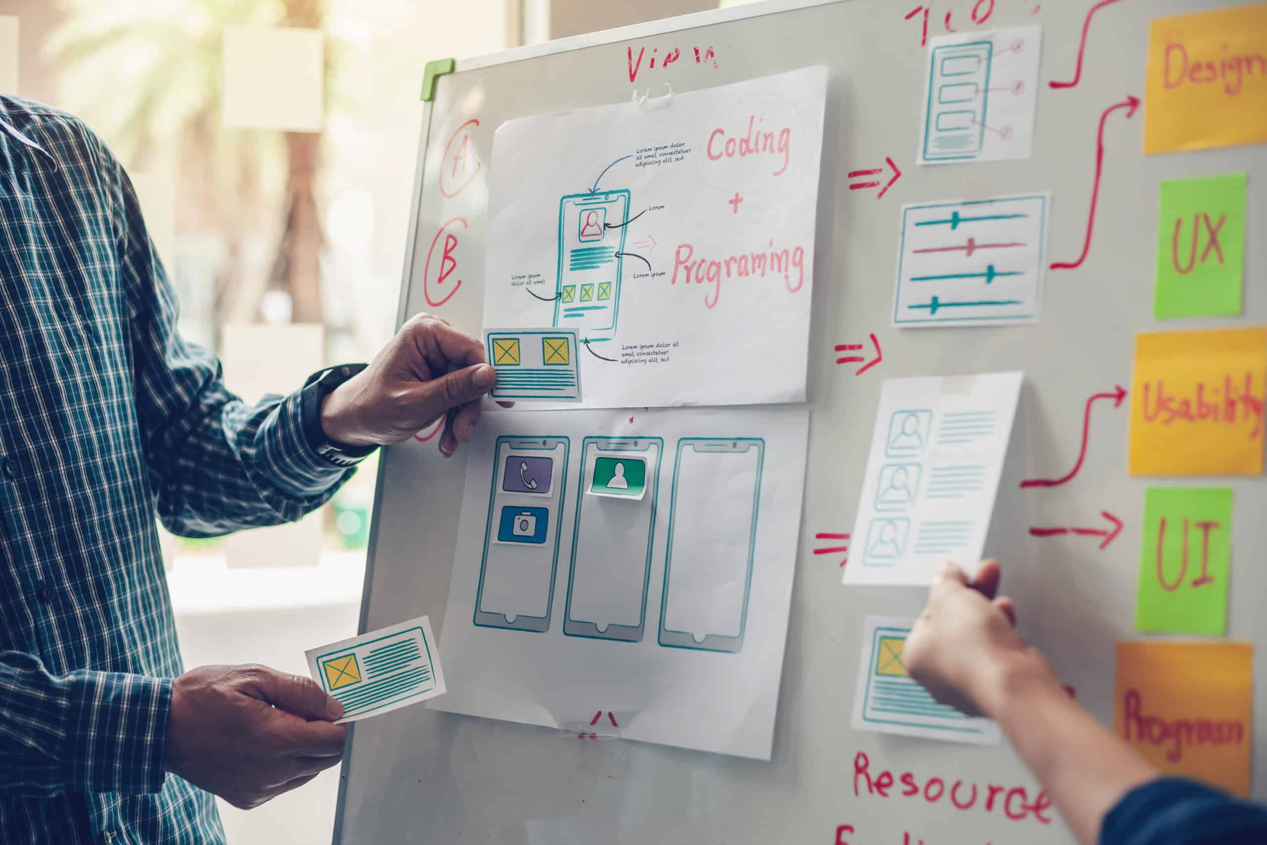 Two team members arranging mobile app wireframes and design sketches on a whiteboard during a UX/UI planning session with development flow diagrams.
