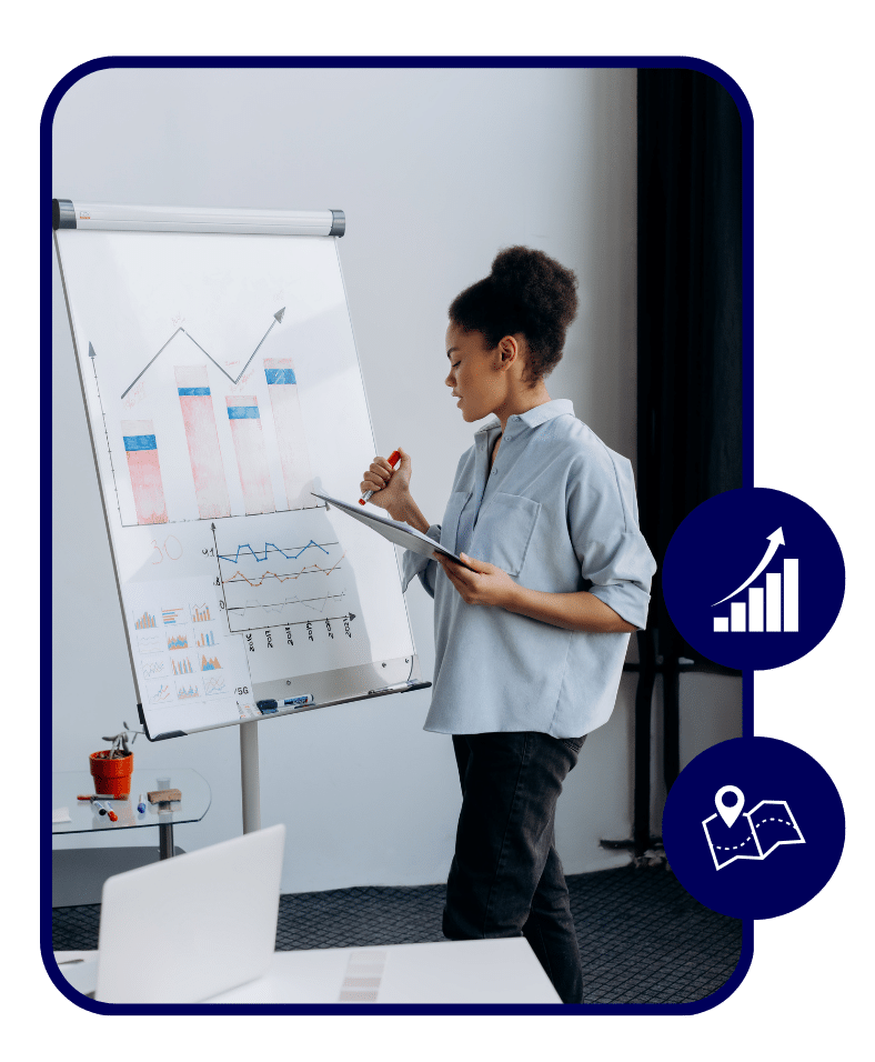 266 » Advent Trinity Marketing Agency Businesswoman presenting growth charts on whiteboard – marketing analytics and sales performance strategy session.