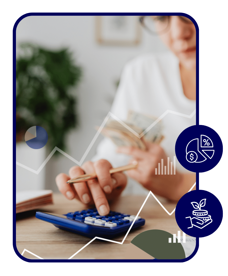 Financial planning and budgeting – woman using calculator and holding cash for business growth and investment strategy.
