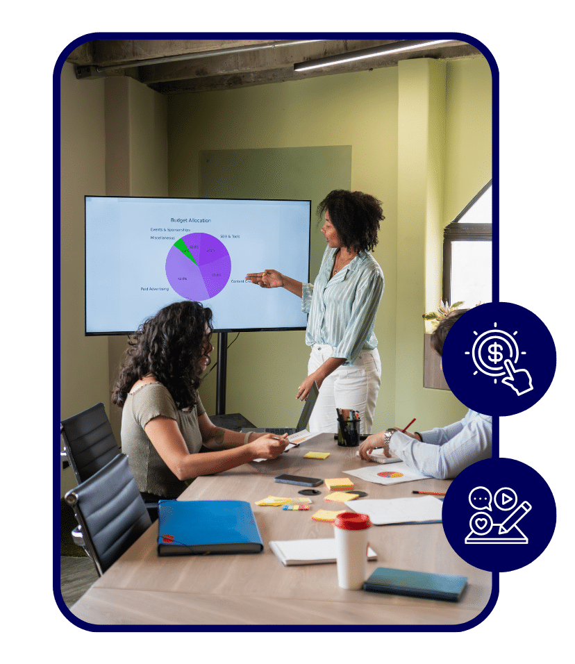 Team meeting on budget allocation – businesswoman presenting pie chart for marketing and financial planning.