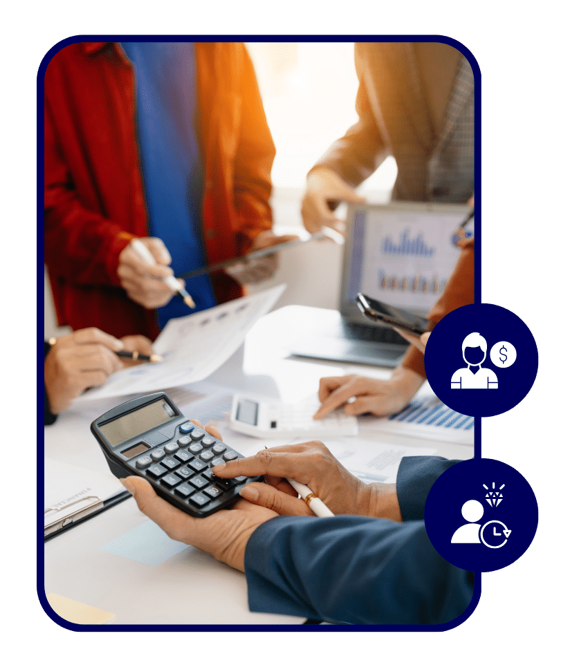 Business team analyzing financial reports – professionals using calculators and charts for budget strategy.