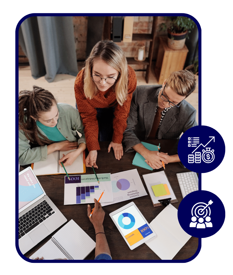 Marketing strategy and financial planning – diverse team reviewing charts and analytics for business growth.