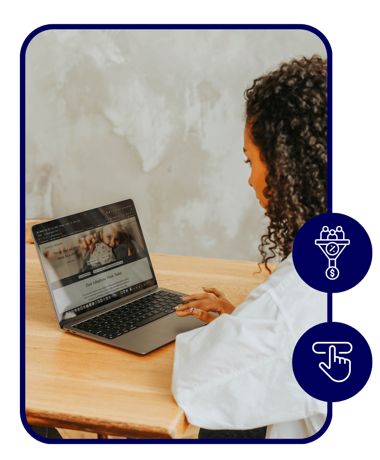 273 » Advent Trinity Marketing Agency Woman working on laptop with marketing website – digital lead generation and sales funnel optimization.
