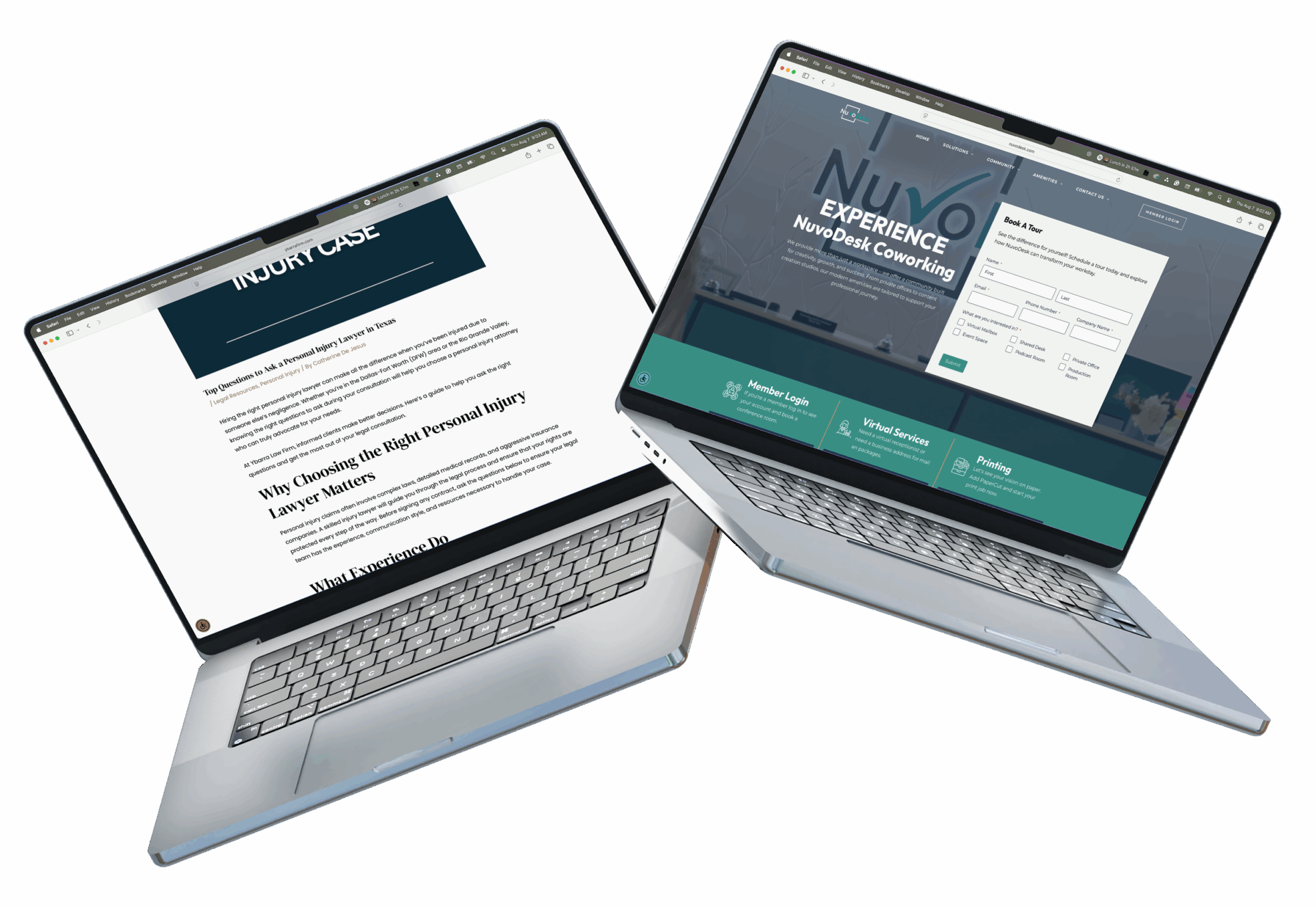Floating Laptop Mockups - AI-Powered SEO Services » Advent Trinity Marketing Agency Two floating MacBook mockups displaying website designs