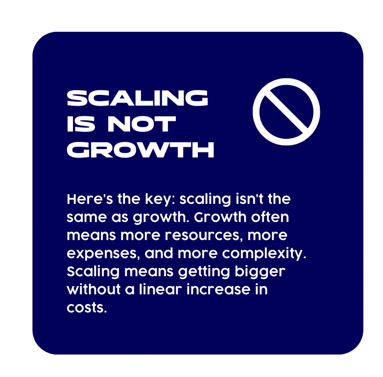 291 » Advent Trinity Marketing Agency Graphic with the phrase “Scaling is Not Growth” and a prohibition symbol icon. Text explains that scaling differs from growth, as growth often requires more resources and expenses, while scaling means expanding without a linear increase in costs.