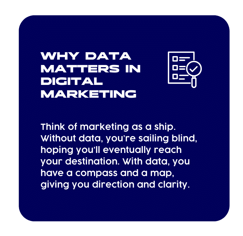 305 » Advent Trinity Marketing Agency Graphic with the title “Why Data Matters in Digital Marketing” and a checklist icon. Text compares marketing without data to sailing blind, while data acts as a compass and map that provide direction and clarity.