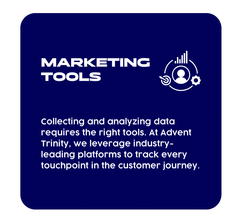 307 » Advent Trinity Marketing Agency Graphic with the title “Marketing Tools” and an icon of a user with a bar chart. Text highlights the importance of using the right platforms, noting Advent Trinity leverages industry-leading tools to track every customer touchpoint.