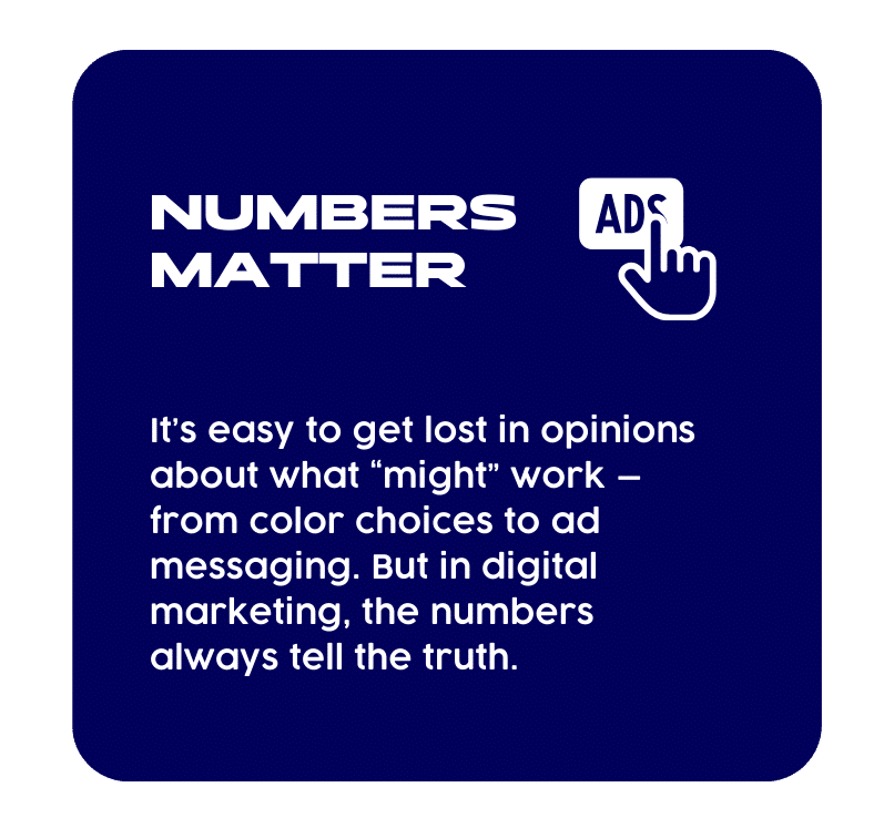 309 » Advent Trinity Marketing Agency Graphic with the title “Numbers Matter” and an icon of a finger clicking an “ADS” button. Text emphasizes that while opinions may vary, digital marketing success depends on measurable numbers that tell the truth.
