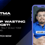Advent Trinity Marketing Agency graphic with bold text “Stop Wasting Budget! How to Truly Scale Your Marketing.” On the right, a man in glasses and a blue shirt speaks in a video displayed on a smartphone frame, with the caption “Let’s talk scaling.”