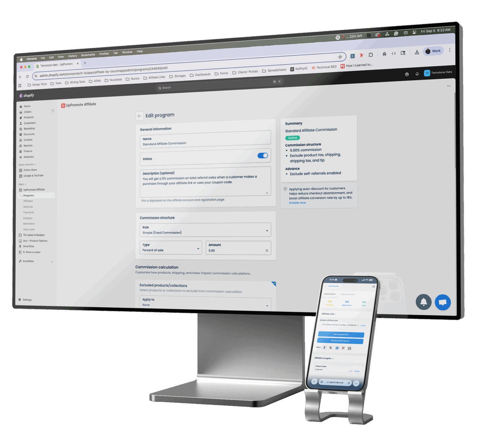Shopify affiliate program settings on desktop monitor with phone view