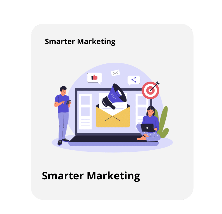 Illustration of two people working with digital marketing tools on a large laptop screen, surrounded by icons like social media, email, and a target. Text reads 'Smarter Marketing – Smarter Marketing.'