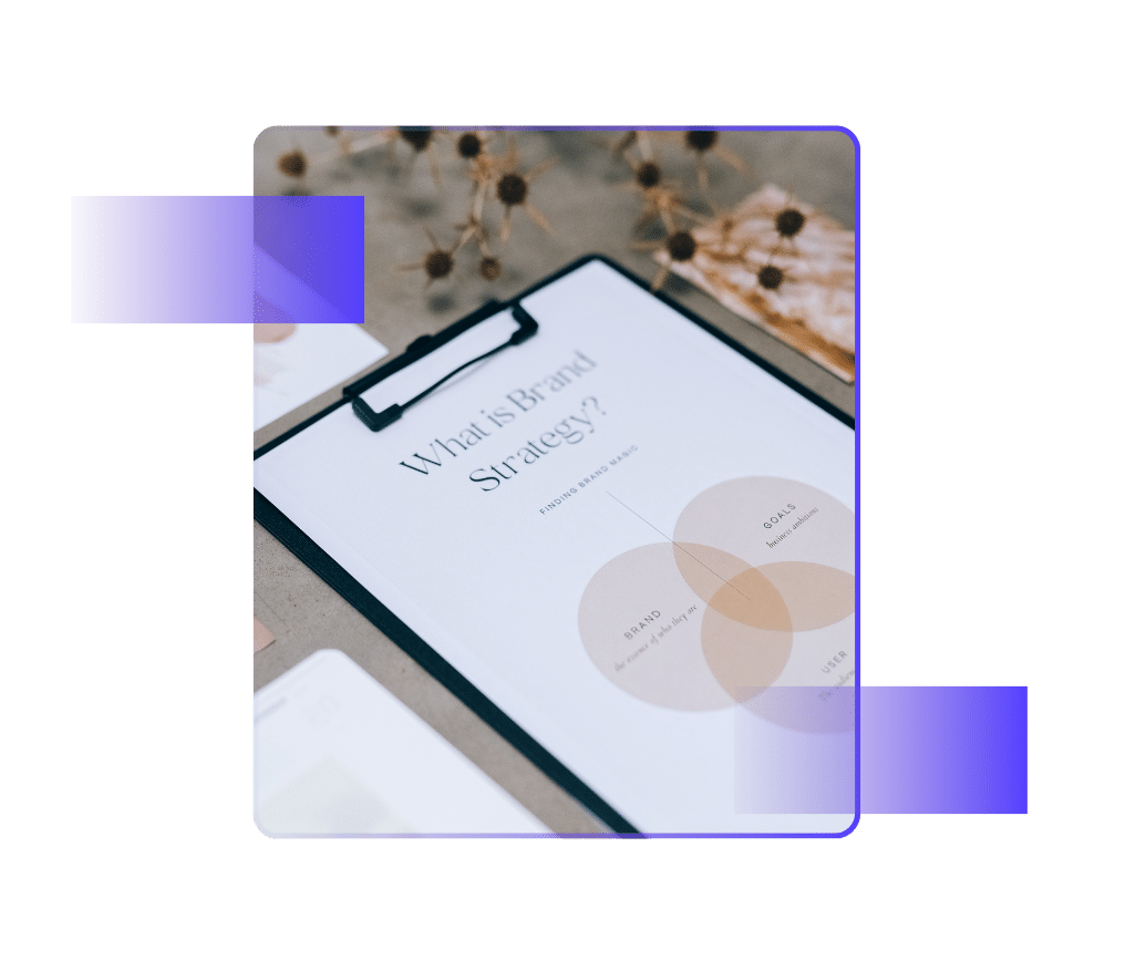 Clipboard with a document titled “What is Brand Strategy?” featuring a Venn diagram labeled Brand, Goals, and User.