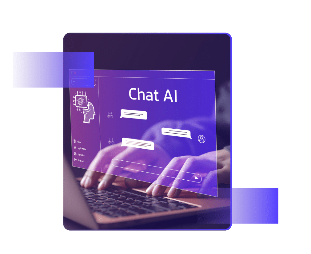 Laptop screen displaying a Chat AI interface with virtual chat bubbles and a glowing purple overlay.