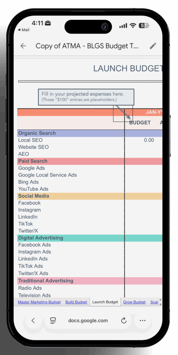 Mobile version of the marketing budget template showing campaign budget sections