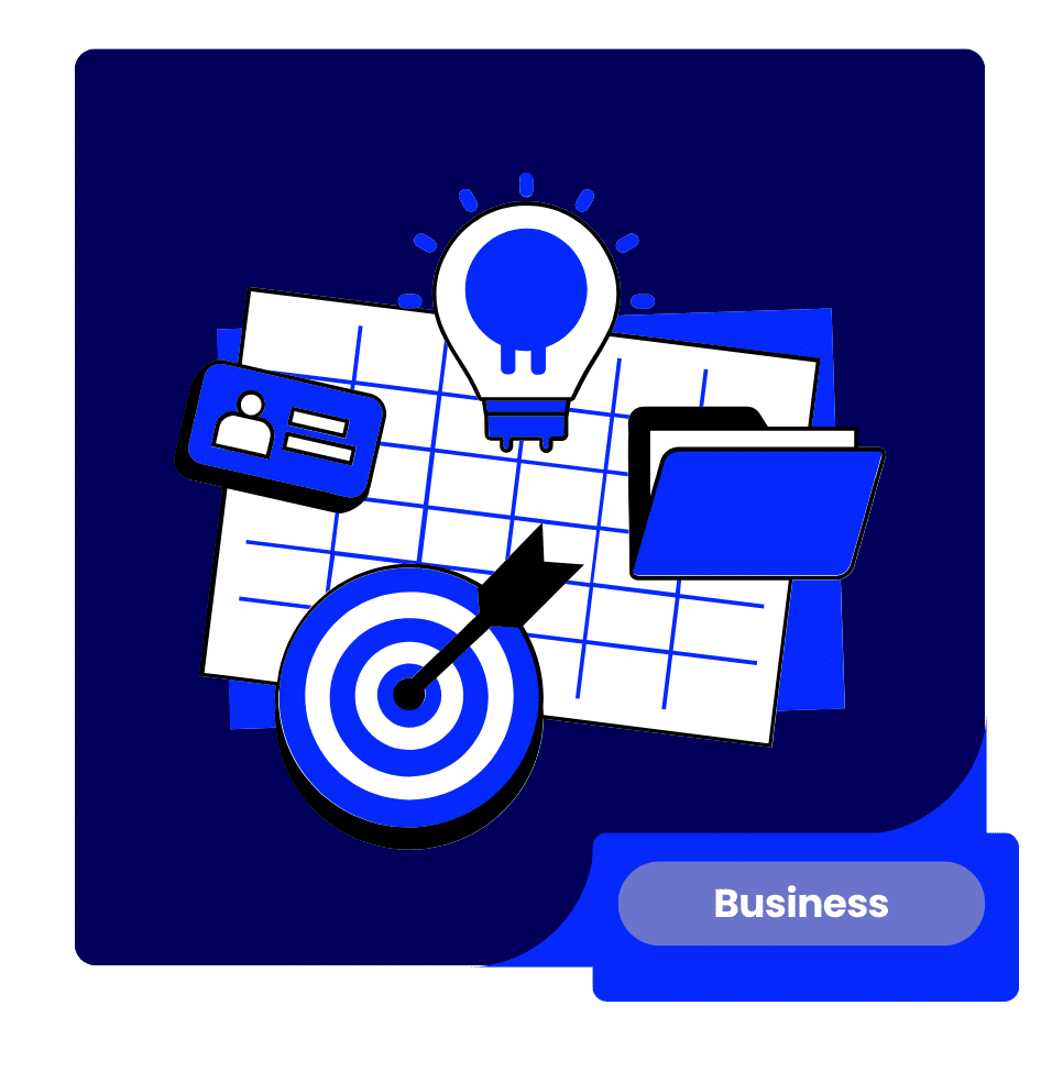 Business Strategy illustration with a calendar, target, lightbulb, and planning documents.