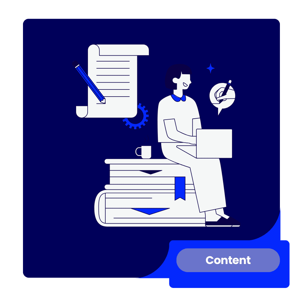 AI Search Content Strategy » Advent Trinity Marketing Agency Illustration of a person typing on a laptop beside a stack of books, a giant document with a pencil, symbolizing content creation and study with a'Content' badge on the corner