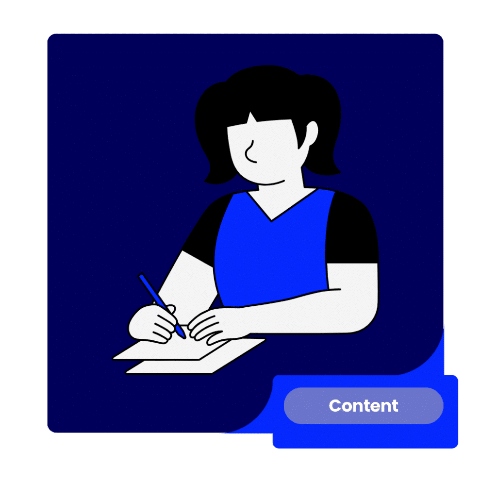 Creating Content for AI Search » Advent Trinity Marketing Agency Illustration of a person with a blue top writing on papers, with a blue'Content' badge in the lower-right corner.