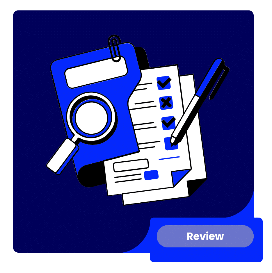 Strategy review illustration with a checklist, magnifying glass, documents, and pen.