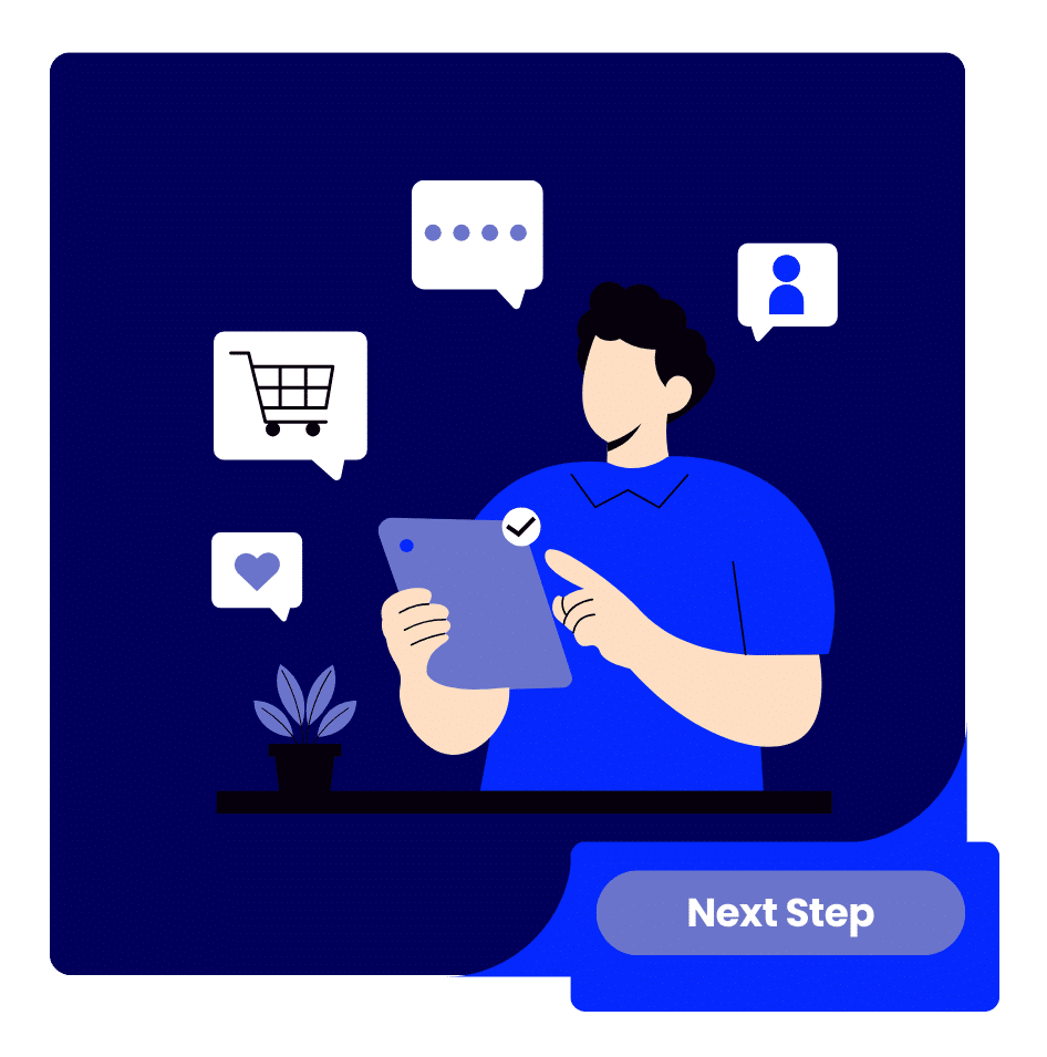 Turning Website Traffic Into the Next Step » Advent Trinity Marketing Agency Person using a tablet with shopping and communication icons representing the next step for Website Traffic.