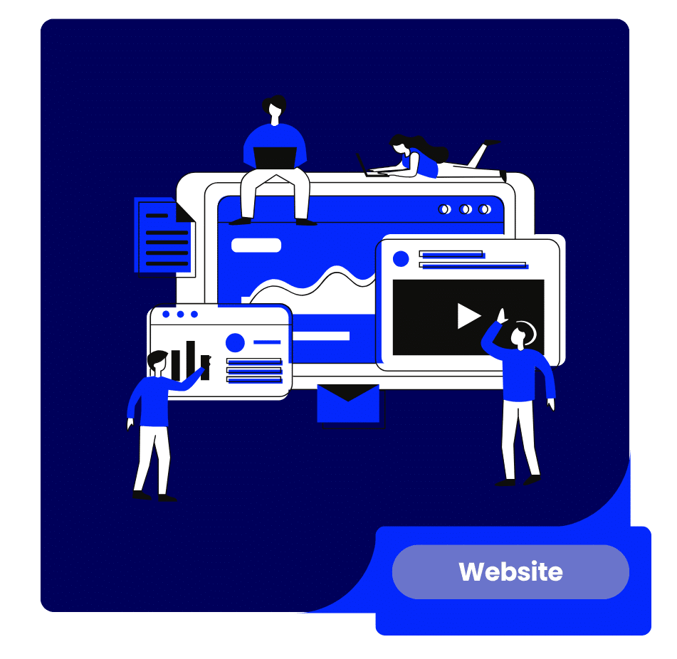 Website Strategy illustration showing people working with analytics, video, email, and digital content.