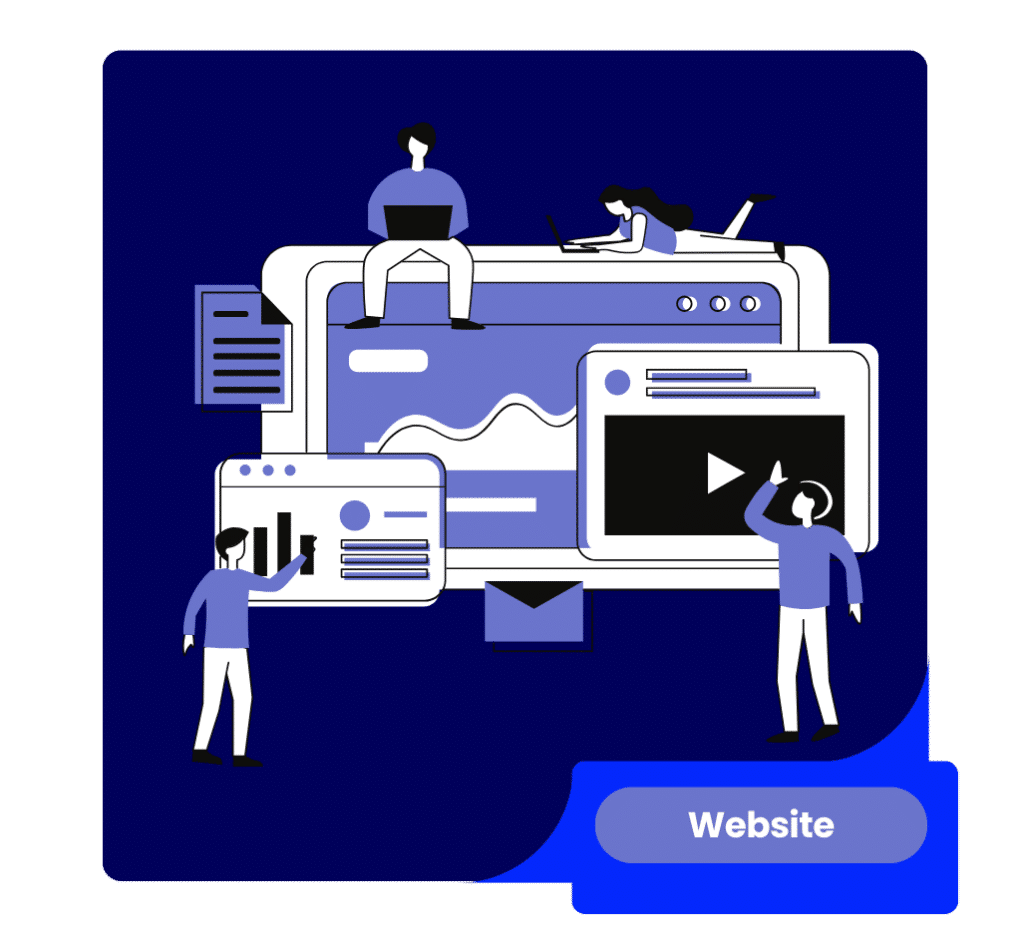 Website Optimization for AI Search » Advent Trinity Marketing Agency Illustration of people collaborating on a large computer screen with charts, video, and documents, labeled'Website' on a blue tag (informative illustration).