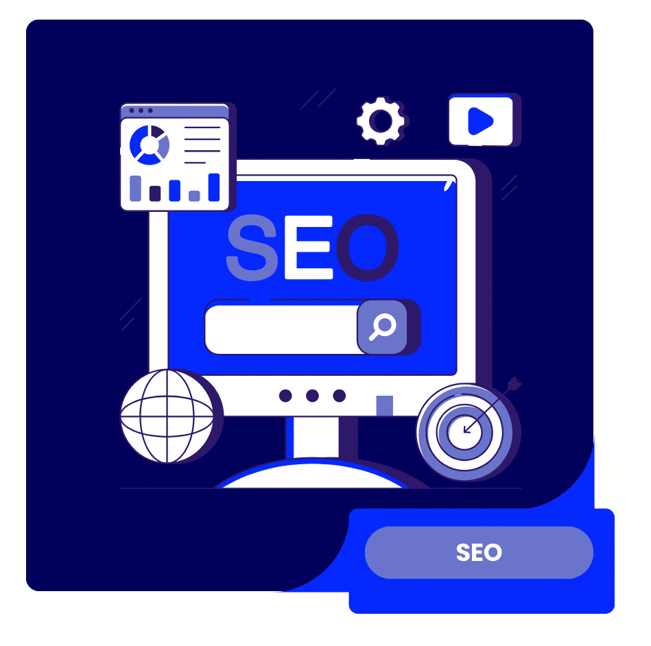 SEO Strategy illustration with a search bar, analytics, globe, target, and optimization tools.