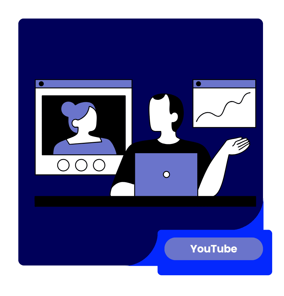 YouTube Visibility in AI Search » Advent Trinity Marketing Agency Illustration of a person presenting at a desk with a laptop, two screens behind, and a YouTube badge in the corner.