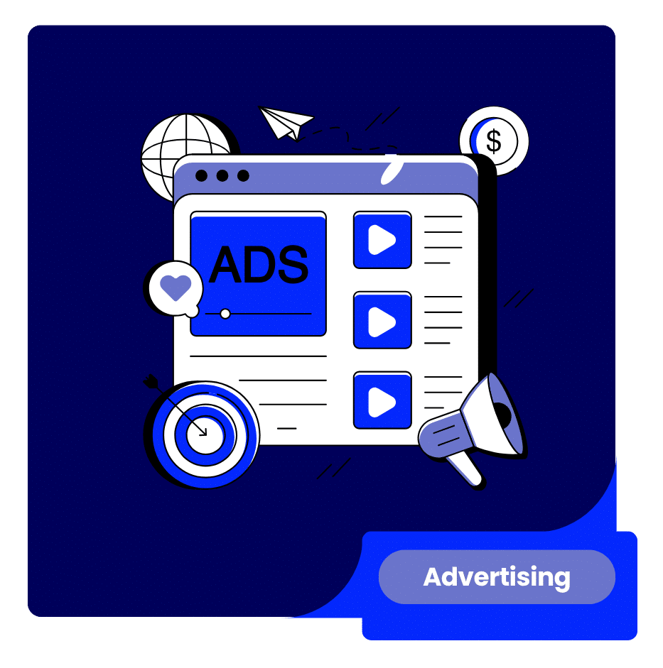 Digital advertising Strategy illustration with online ads, video, a target, megaphone, and budget symbol.