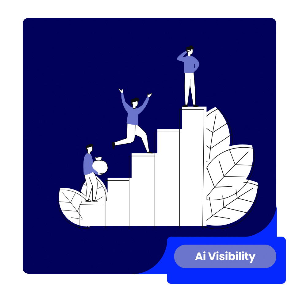 Building Brand Visibility in AI Search » Advent Trinity Marketing Agency Three people climb white stairs on a dark blue background, with large leaves on the right; badge reads Ai Visibility.
