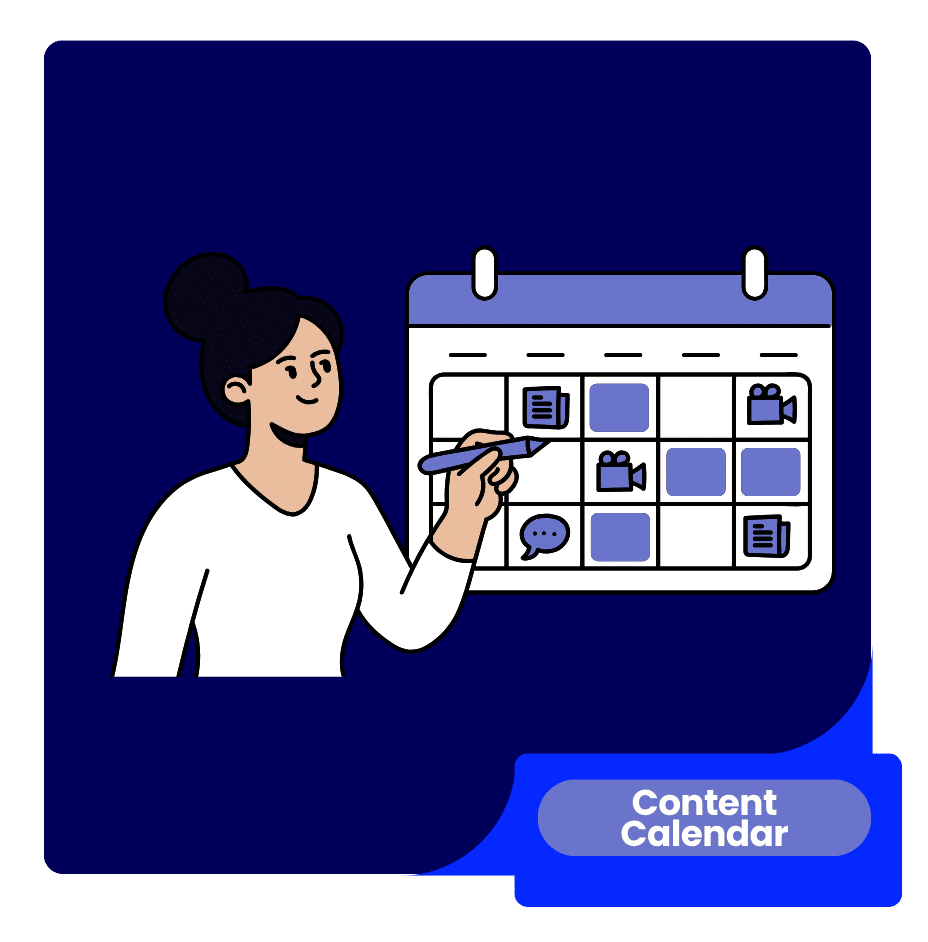 Content Strategy illustration showing a person planning posts and videos on a marketing calendar.