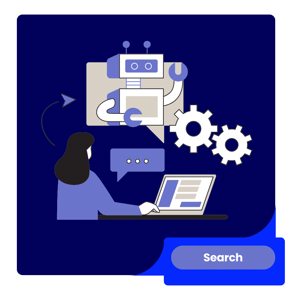 AI Search Optimization Strategy » Advent Trinity Marketing Agency Illustration of a person at a laptop with a robot and gears, symbolizing AI-powered search, with a large blue Search button.